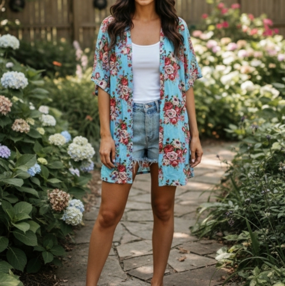 Blue Floral ladies duster cardigan lightweight spring size Medium
